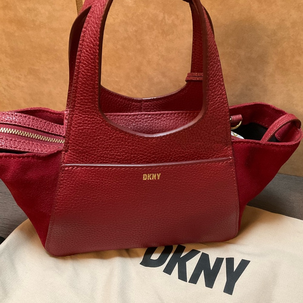 DKNY Effortless The Mini Tote Red Satchel Bag Leather Crossbody, Top handle